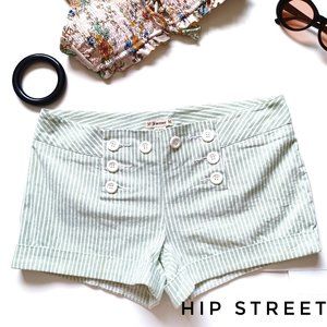 FOREVER 21 Sailor Button Front Green & Silver Edge Stripe Stretch Cuff Shorts M